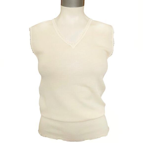 BALLANTYNES wool pullover cream lace trim lightweight ribbed sweater tank top L - Picture 1 of 9